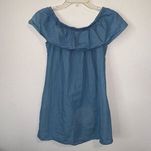 Love, Fire Off Shoulder Chambray Mini Dress Ruffle
